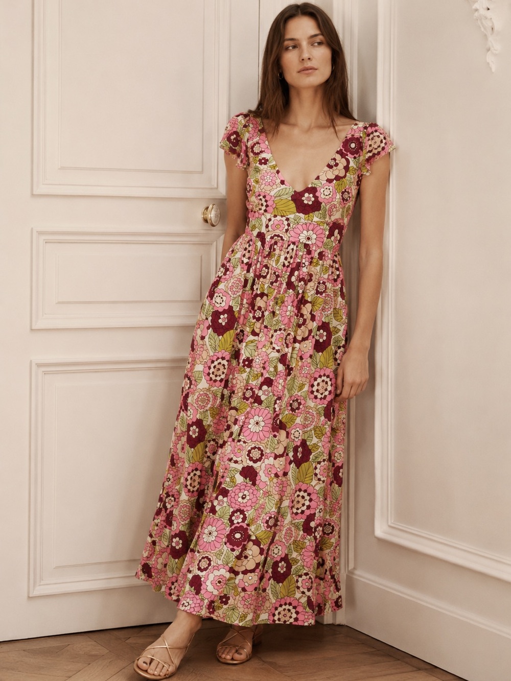 DODO BAR OR "Jenny" Floral Flutter-Sleeve Maxi Dress | Pink & Green | Size XS